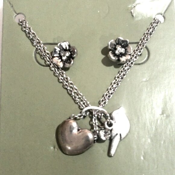 Silver Tone Heart Bird Charm Necklace & Flower Stud Earrings, Women’s Jewelry - Picture 1 of 8
